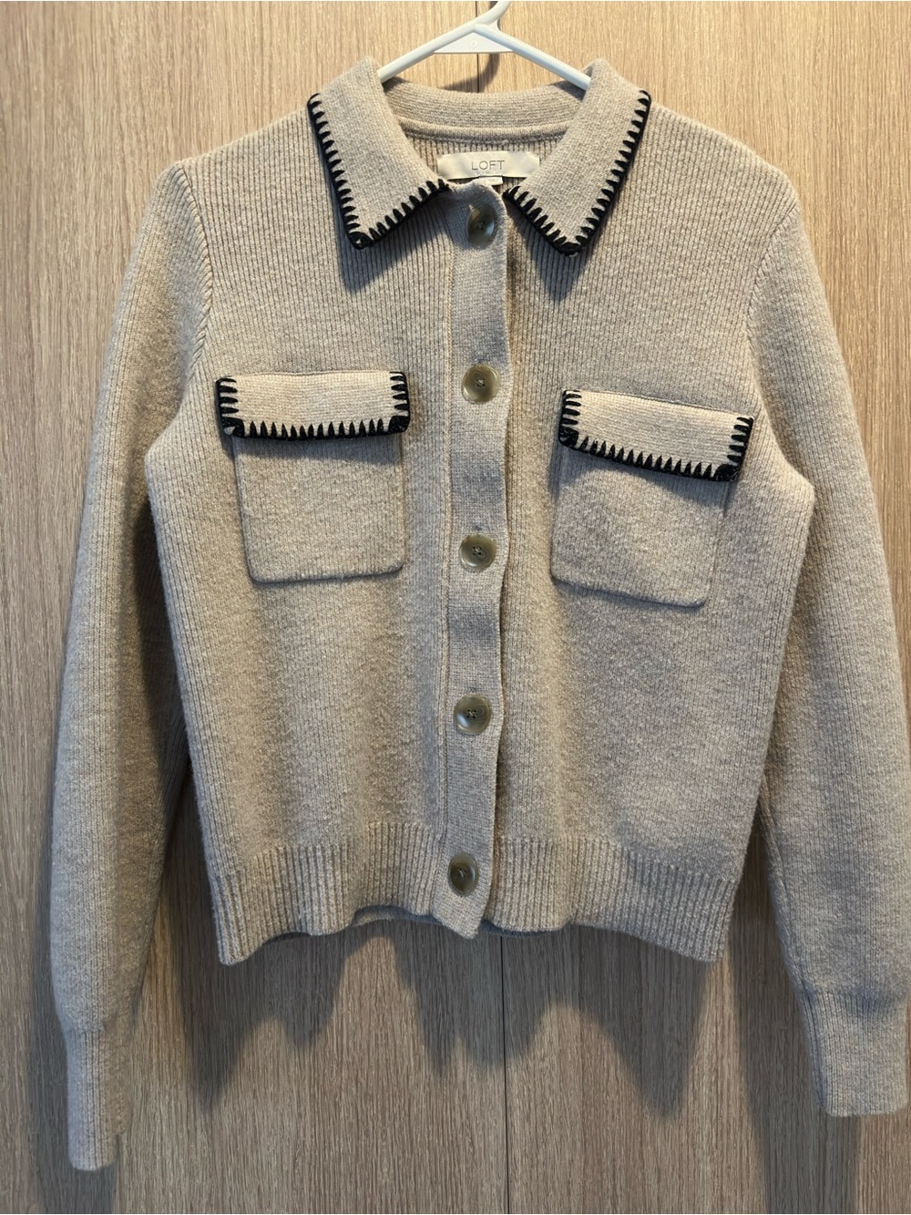 LOFT Women's Cream Button-Front Knit Jacket with Contrast Trim